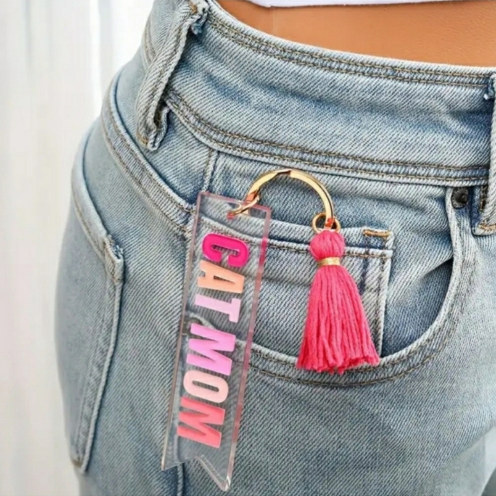 Acrylic Cat Mom Keychain with Tassel